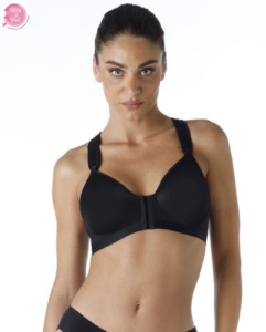 Reggiseno sportivo nero con chiusura frontale, spalline larghe regolabili e design ergonomico. Offre sostegno ottimale e comfort, ideale per attività sportive ad alta intensità. Perfetto per chi cerca funzionalità e stile.